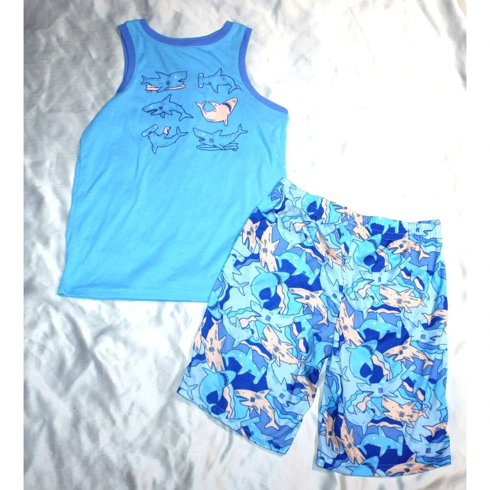 CAT & JACK Boys' Sz 8-10 2-PIECE SUMMER PAJAMAS (Blue Sharks; Tank & Shorts)